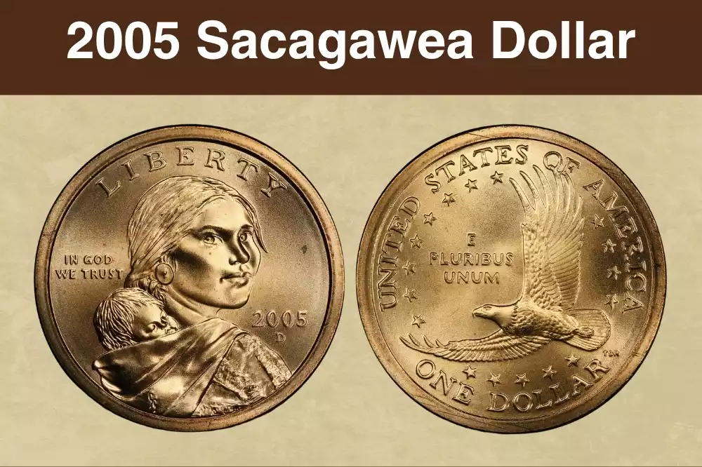 2005 Sacagawea dollar obverse and reverse showing Sacagawea with papoose and the flying eagle design