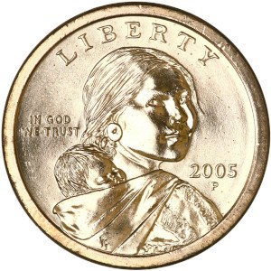 2005 Sacagawea dollar Doubled Die Obverse showing doubling on LIBERTY lettering and date under magnification