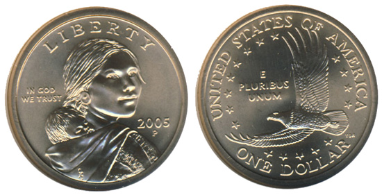 Group of 2005 silver dollar coins including Sacagawea dollar varieties and American Silver Eagle on display